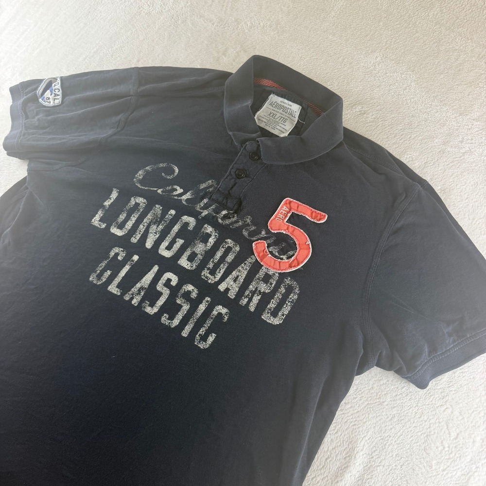 Aeropostale Graphic Polo Shirt Vintage Longboard Classic Black Mens XXL 90s